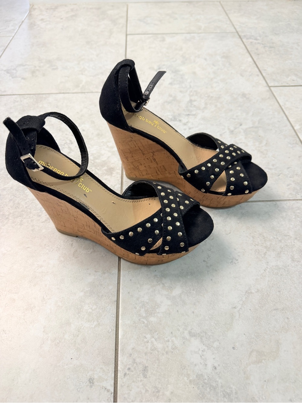 Montego Bay Club Black Studded Cork Wedge Sandals Womens Size 7 Platform Heels